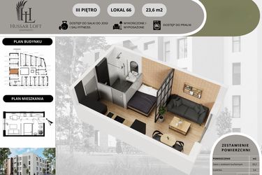 Rzut - Mieszkanie na sprzedaż 1 pokój o powierzchni 21,86 m² - numer 66 w Hussar Loft - Apartamenty inwestycyjne