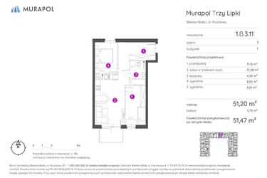 Rzut - Mieszkanie na sprzedaż 3 pokoje o powierzchni 51,47 m² - numer 1.B.3.11 w Murapol Trzy Lipki