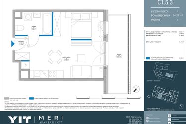 Rzut - Mieszkanie na sprzedaż 1 pokój o powierzchni 34,21 m² - numer C.1.5.3 w Meri Apartamenty