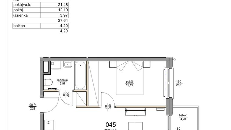 Rzut - Mieszkanie na sprzedaż 2 pokoje o powierzchni 37,64 m² - numer 45 w Rezydencja Liwska 3