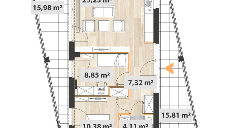 Rzut - Mieszkanie na sprzedaż 3 pokoje o powierzchni 57,09 m² - numer B.02.03 w Na Okrzei