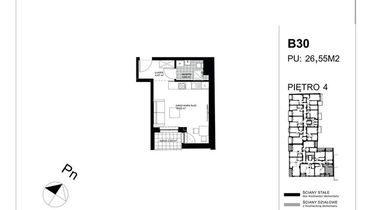 Rzut - Mieszkanie na sprzedaż 1 pokój o powierzchni 26,77 m² - numer B30 w Apartamenty Kopernika - etap II