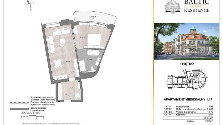 Rzut - Mieszkanie na sprzedaż 2 pokoje o powierzchni 55,04 m² - numer 1.17 w Baltic Luxury Residence
