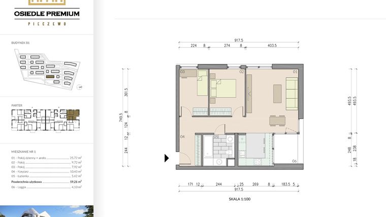 Rzut - Mieszkanie na sprzedaż 3 pokoje o powierzchni 59,21 m² - numer B1.1 w Osiedle Premium etap IV
