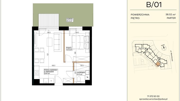 Rzut - Mieszkanie na sprzedaż 2 pokoje o powierzchni 38,52 m² - numer WA2/B/01 w Waniliowa