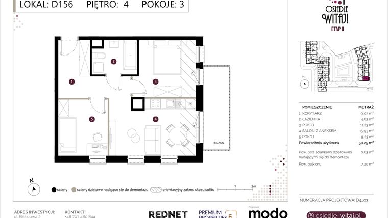 Rzut - Mieszkanie na sprzedaż 3 pokoje o powierzchni 51,08 m² - numer D156 w Osiedle Witaj etap II