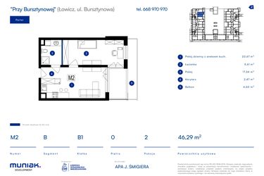 Rzut - Mieszkanie na sprzedaż 2 pokoje o powierzchni 46,29 m² - numer 2B w Przy Bursztynowej