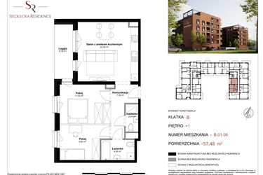 Rzut - Mieszkanie na sprzedaż 3 pokoje o powierzchni 57,48 m² - numer B-01-06 w Siedlecka Residence