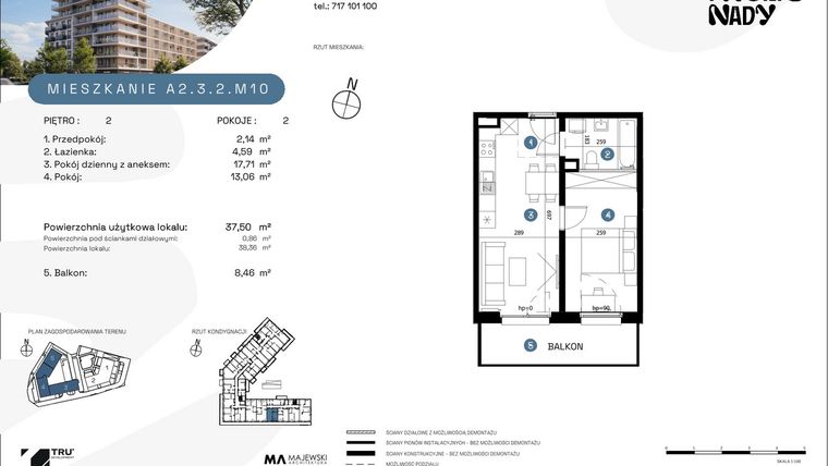 Rzut - Mieszkanie na sprzedaż 2 pokoje o powierzchni 37,5 m² - numer A2.3.2.M10 w Nowe Promenady