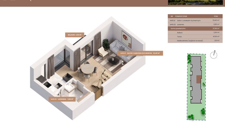 Rzut - Mieszkanie na sprzedaż 1 pokój o powierzchni 27,35 m² - numer 45 w Apartamenty Częstochowska