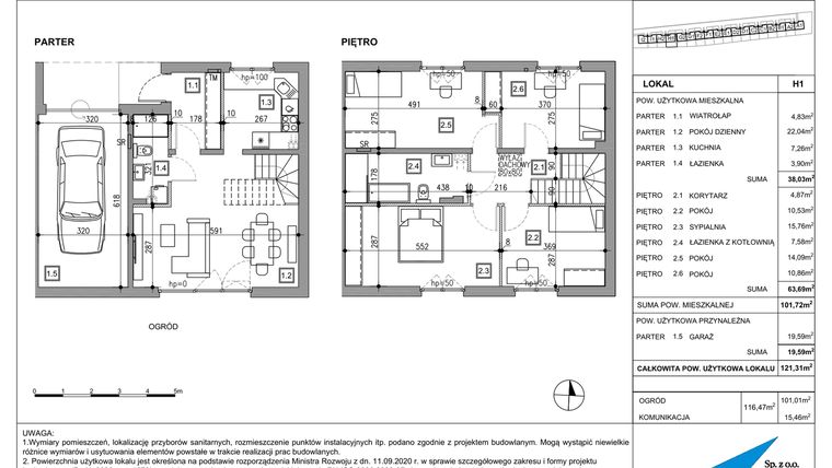 Rzut - Dom na sprzedaż 5 pokoi o powierzchni 121,31 m² - numer H1 w Majewska Domy