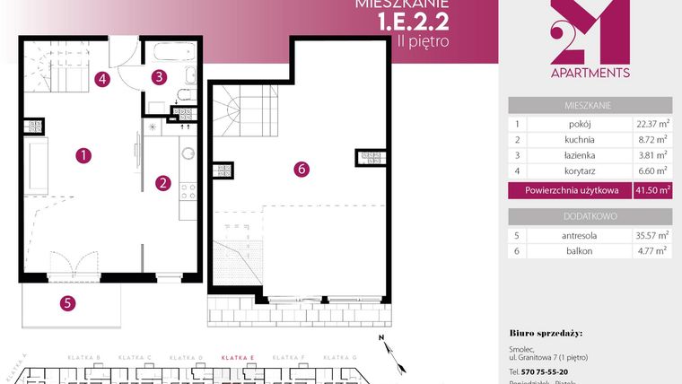 Rzut - Mieszkanie na sprzedaż 2 pokoje o powierzchni 77,07 m² - numer 1.E.2.2 w 2M Apartments etap IV