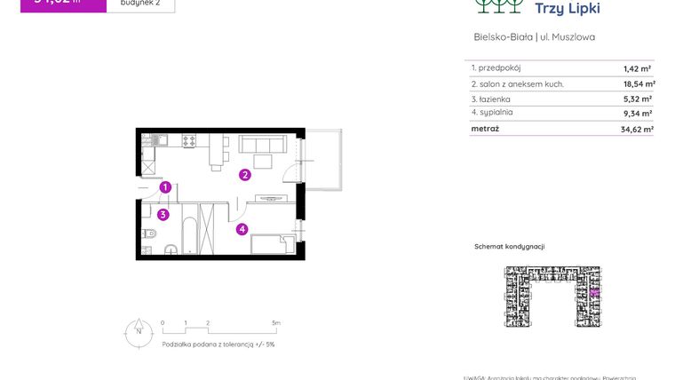 Rzut - Mieszkanie na sprzedaż 2 pokoje o powierzchni 34,66 m² - numer 2.B.1.04 w Murapol Trzy Lipki etap II