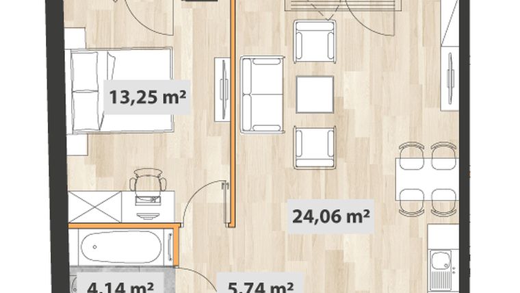 Rzut - Mieszkanie na sprzedaż 2 pokoje o powierzchni 47,49 m² - numer B.03.01 w Na Okrzei