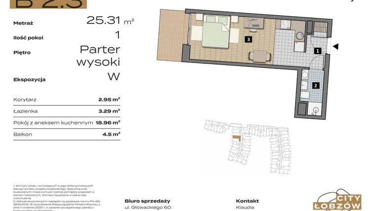 Rzut - Mieszkanie na sprzedaż 1 pokój o powierzchni 25,31 m² - numer B 2.3 w City Łobzów