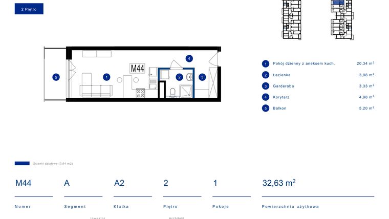 Rzut - Mieszkanie na sprzedaż 1 pokój o powierzchni 32,63 m² - numer 44A w Przy Bursztynowej