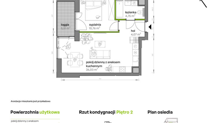 Rzut - Mieszkanie na sprzedaż 2 pokoje o powierzchni 45,61 m² - numer AA0205 w Ptasia Vita
