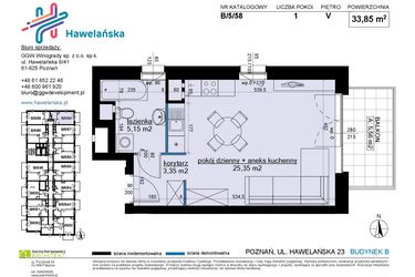 Rzut - Mieszkanie na sprzedaż 1 pokój o powierzchni 33,85 m² - numer B/5/58 w Osiedle Hawelańska etap III - bud. B