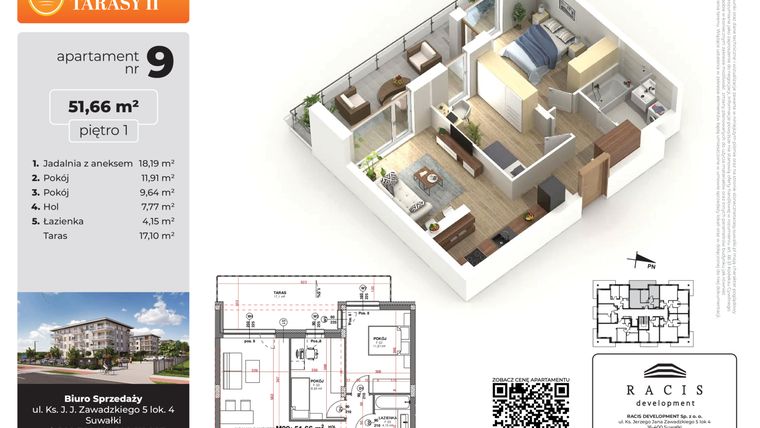 Rzut - Mieszkanie na sprzedaż 3 pokoje o powierzchni 51,66 m² - numer 9 w Słoneczne Tarasy II etap 2