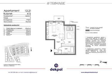 Rzut - Mieszkanie na sprzedaż 2 pokoje o powierzchni 46,55 m² - numer 12.21 w Trimare