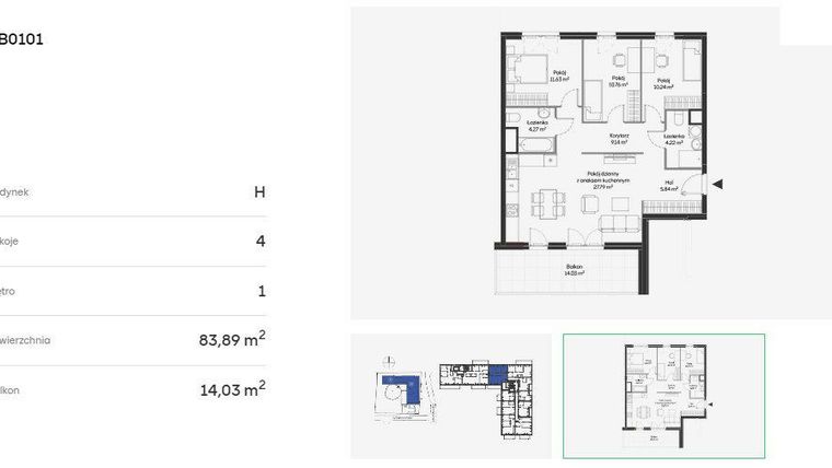 Rzut - Mieszkanie na sprzedaż 4 pokoje o powierzchni 83,89 m² - numer HB0101 w Holm House 5