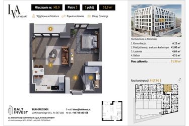 Rzut - Mieszkanie na sprzedaż 1 pokój o powierzchni 51,9 m² - numer M3.9 w La Vie Art