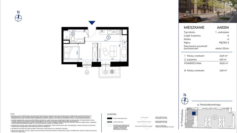 Rzut - Mieszkanie na sprzedaż 1 pokój o powierzchni 30,82 m² - numer AA0204 w Niedziałkowskiego Park