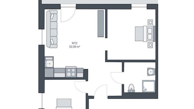 Rzut - Mieszkanie na sprzedaż 3 pokoje o powierzchni 52,08 m² - numer M12 w TARASY GĄSKI