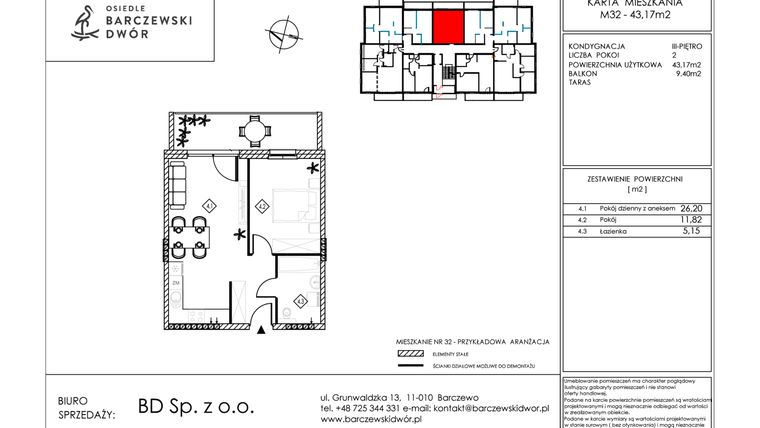 Rzut - Mieszkanie na sprzedaż 2 pokoje o powierzchni 43,17 m² - numer M32 w Osiedle Barczewski Dwór etap III