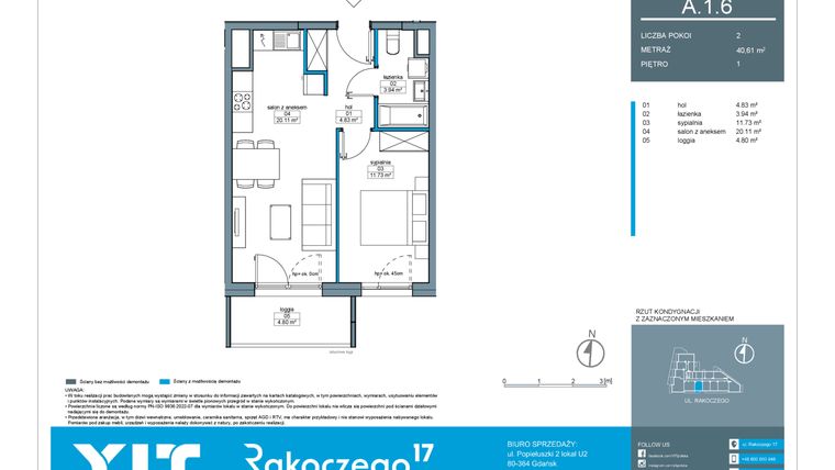 Rzut - Mieszkanie na sprzedaż 2 pokoje o powierzchni 40,61 m² - numer A.1.6 w Rakoczego 17