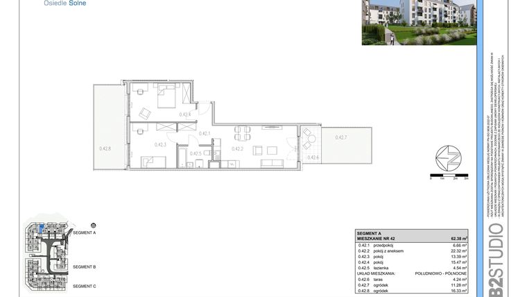 Rzut - Mieszkanie na sprzedaż 3 pokoje o powierzchni 62,38 m² - numer 42 w Osiedle Solne etap II