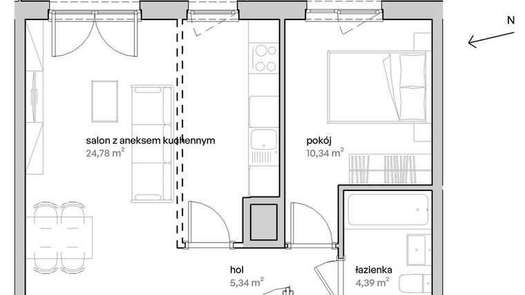 Rzut - Mieszkanie na sprzedaż 2 pokoje o powierzchni 44,85 m² - numer A.02.022 w Unii Lubelskiej Vita