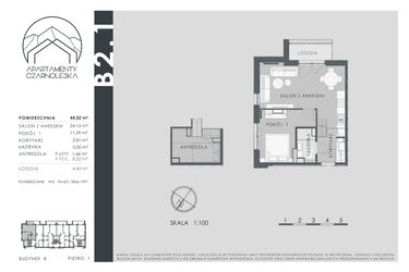 Rzut - Mieszkanie na sprzedaż 2 pokoje o powierzchni 44,02 m² - numer B2.1 w Apartamenty Czarnoleska
