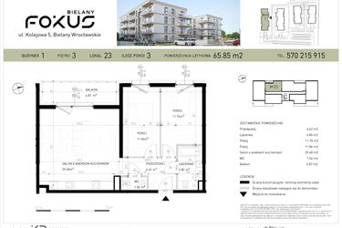 Rzut - Mieszkanie na sprzedaż 3 pokoje o powierzchni 65,85 m² - numer B1-23 w Fokus Bielany