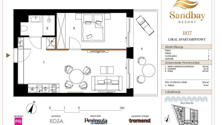 Rzut - Mieszkanie na sprzedaż 2 pokoje o powierzchni 39,2 m² - numer A1107 w The Elements Resort