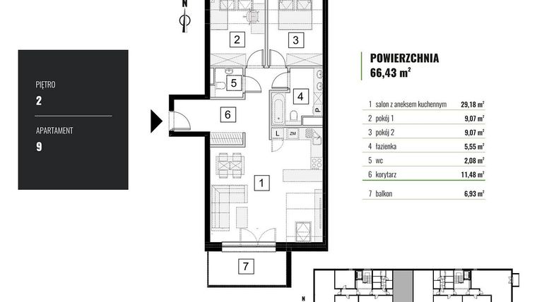 Rzut - Mieszkanie na sprzedaż 3 pokoje o powierzchni 66,43 m² - numer M.9 w Zielony Horyzont II