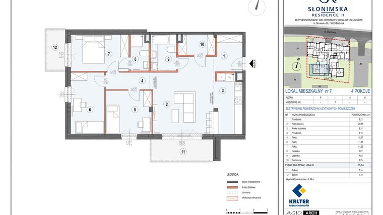 Rzut - Mieszkanie na sprzedaż 4 pokoje o powierzchni 86,14 m² - numer M7 w Słonimska Residence II