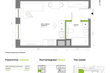 Rzut - Mieszkanie na sprzedaż 1 pokój o powierzchni 26,8 m² - numer A.7.5 w Żywiecka Vita