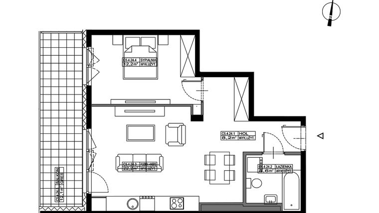 Rzut - Mieszkanie na sprzedaż 2 pokoje o powierzchni 47,2 m² - numer C5.4.24/M w Powstańców 33