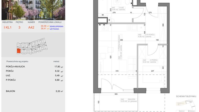 Rzut - Mieszkanie na sprzedaż 2 pokoje o powierzchni 38,41 m² - numer I-A42 w Industria etap I-A