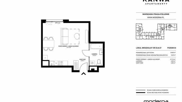 Rzut - Mieszkanie na sprzedaż 1 pokój o powierzchni 34,69 m² - numer B.04.07 w KANWA