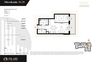 Rzut - Mieszkanie na sprzedaż 2 pokoje o powierzchni 48,13 m² - numer M29 w Aleja Krakowska 201