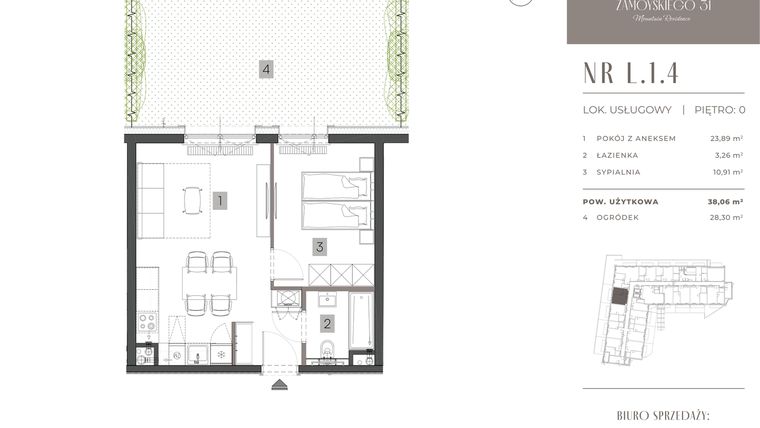 Rzut - Mieszkanie na sprzedaż 2 pokoje o powierzchni 38,06 m² - numer L.1.4 w Zamoyskiego 31