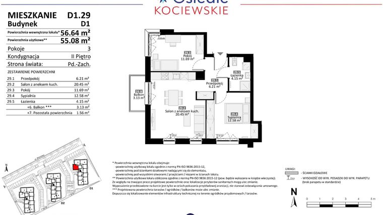 Rzut - Mieszkanie na sprzedaż 3 pokoje o powierzchni 55,08 m² - numer D1.29 w Osiedle Kociewskie etap III