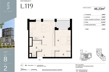 Rzut - Mieszkanie na sprzedaż 2 pokoje o powierzchni 46,23 m² - numer L119 w Sky Trust etap II - apartamenty inwestycyjne 23% VAT PRS