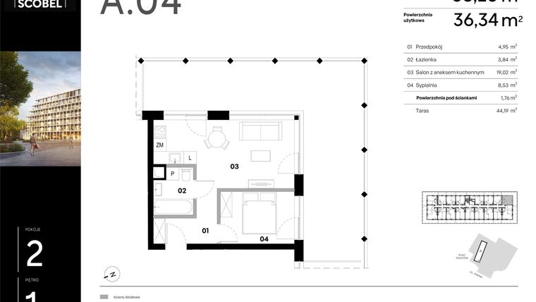 Rzut - Mieszkanie na sprzedaż 2 pokoje o powierzchni 38,1 m² - numer A.04 w Browar HUGO SCOBEL