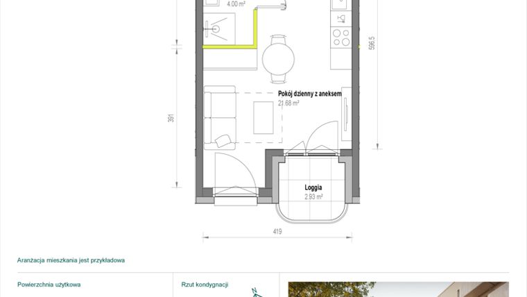 Rzut - Mieszkanie na sprzedaż 1 pokój o powierzchni 25,68 m² - numer A/2/36 w Skorosze Vita