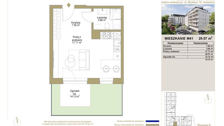 Rzut - Mieszkanie na sprzedaż 1 pokój o powierzchni 29,07 m² - numer 41 w Barbary 19