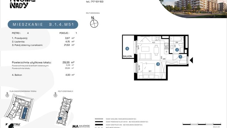Rzut - Mieszkanie na sprzedaż 1 pokój o powierzchni 29,55 m² - numer B.1.4.M51 w Nowe Promenady etap II