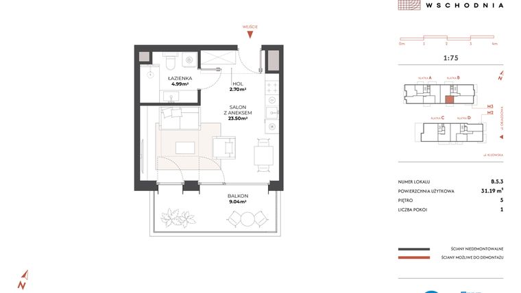 Rzut - Mieszkanie na sprzedaż 1 pokój o powierzchni 31,19 m² - numer B.5.3 w Drucianka Wschodnia